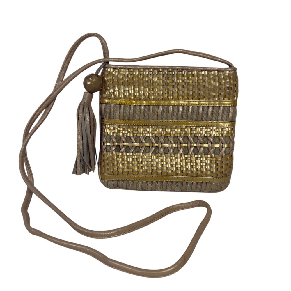 Sharif Vintage Woven Metallic Gold Leather Crossbody Bag Tassel
